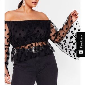 Black polka dot mesh off the shoulder top